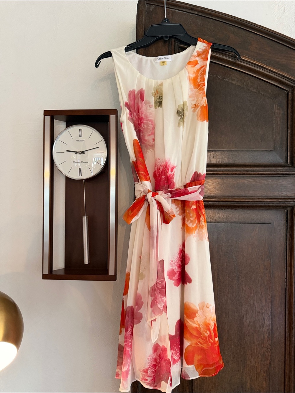 Calvin Klein Ivory Midi Dress with Pink & Orange Floral Print